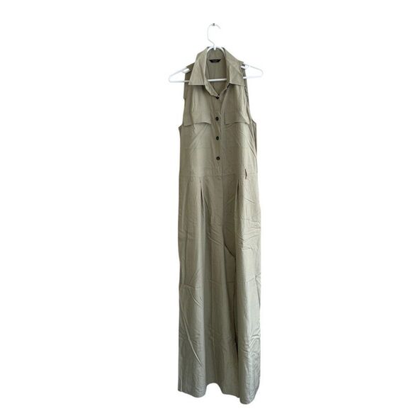 Massimo Dutti Womens Flowing Trench Jumpsuit Size M Khaki Wide Leg 6671/400 NWD - Picture 2 of 10